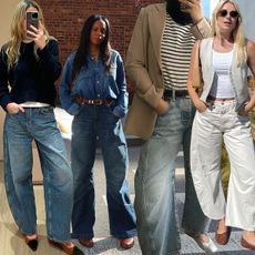 a collage of editor outfit imagery wearing barrel-leg jeans
